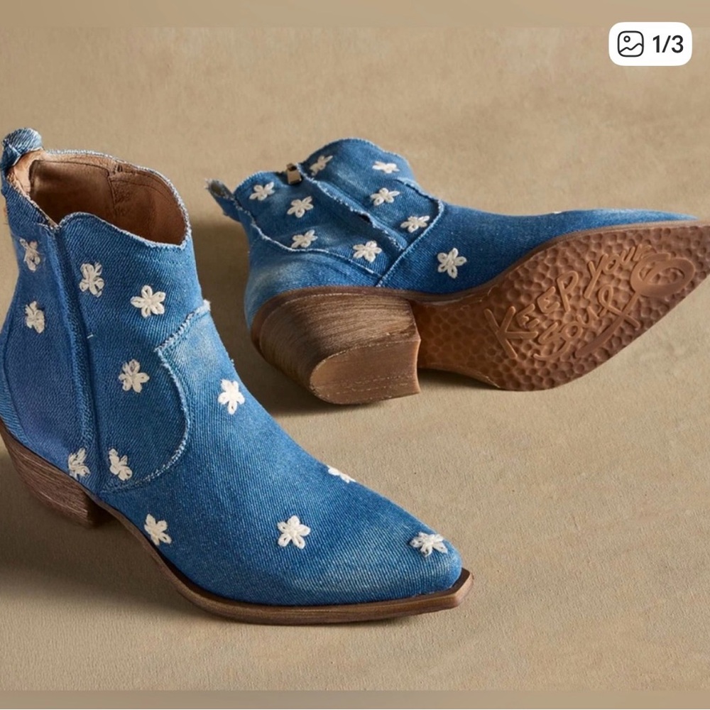 Blue Denim Ankle Boots with Floral Accents - Picture 2 of 11
